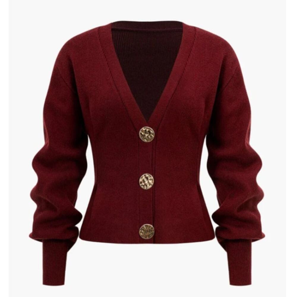 Micas Burgundy Knit Button-Up Cardigan Sculpted Waist - NWT - L